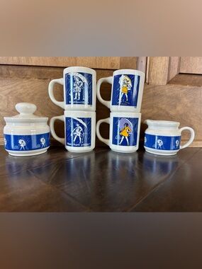 Vintage Morton Salt Coffee Mugs with cream and sugar bowls